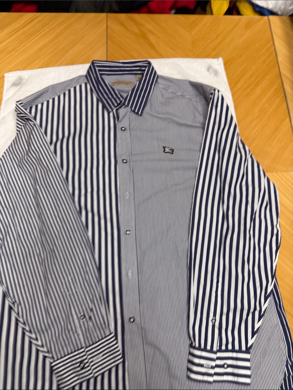 Men's Burberry Navy and White Striped Button-Up Shirt. Fits like a US 2XL